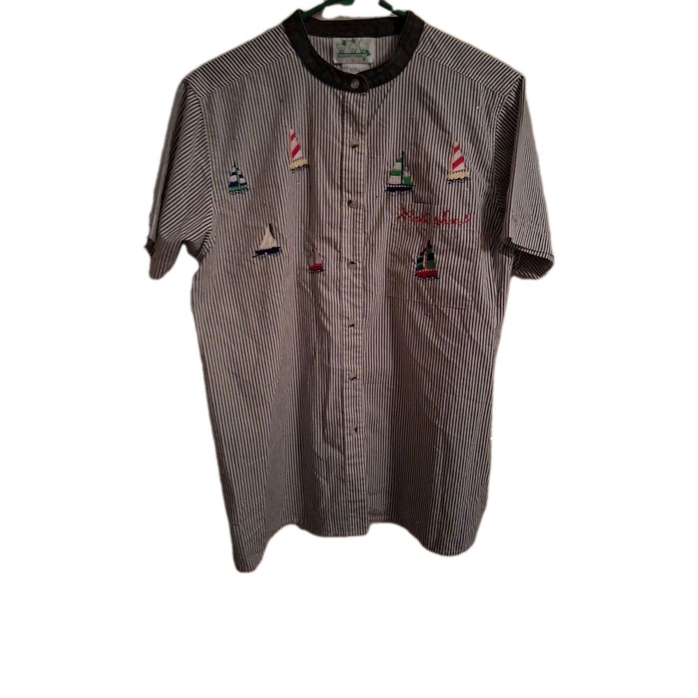 The Quacker Factory Sailboat Embroidered Striped Shirt Black White Women Medium